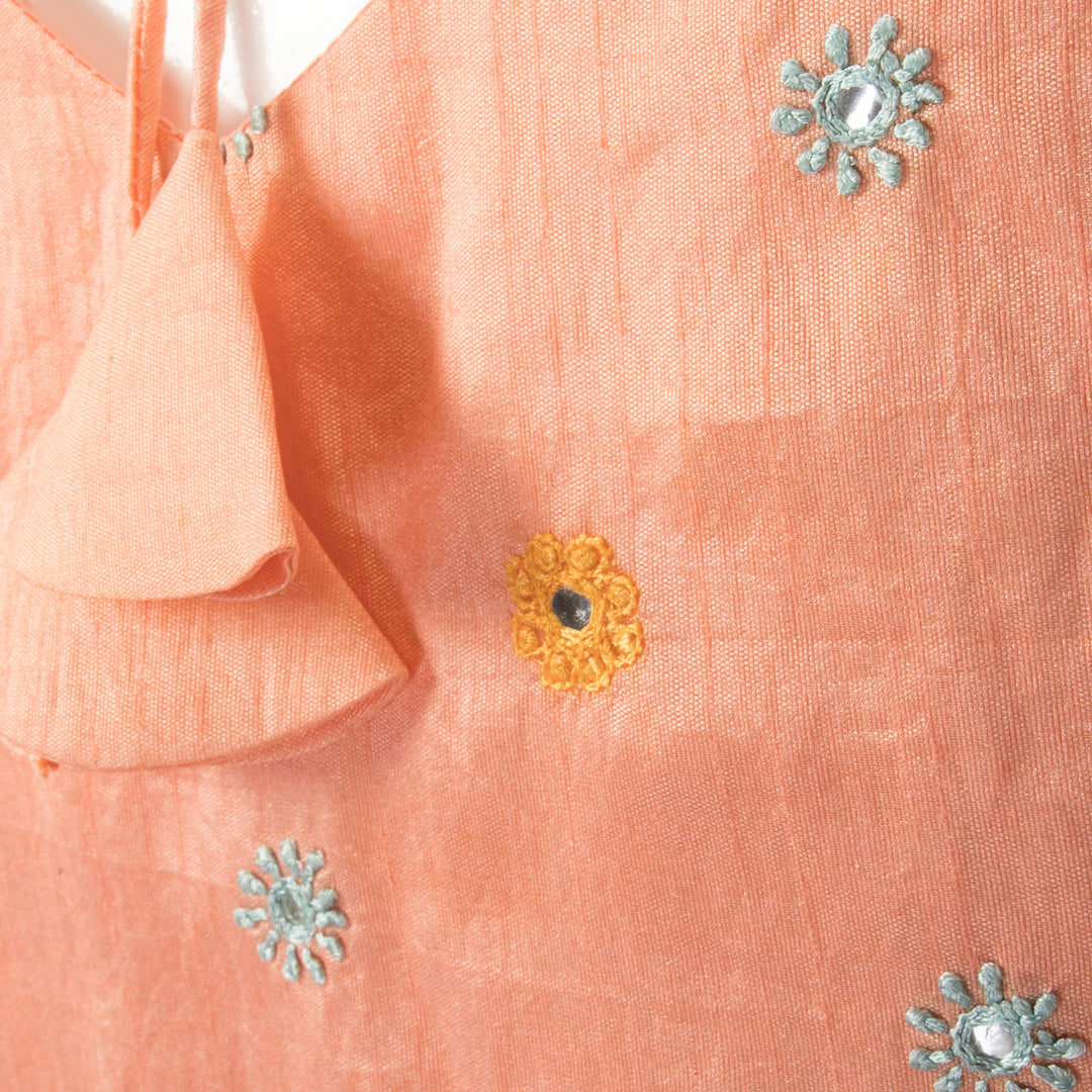 Peach Hand Embroidered Mirror Work Silk Blouse - Avishya