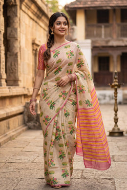 Off White Printed Chanderi Saree 10064678