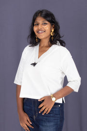 White Shawl Neck Cotton Crop Top 10068100