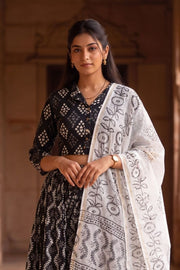 Black Hand Block Printed Cotton Chaniya Choli With Kota Doria Dupatta 10066319