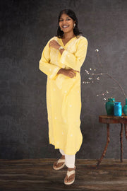 Yellow Chikankari Embroidery Cotton Kurta 10074386