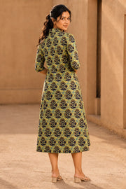 Green Hand Block Printed Cotton Dress 10077645