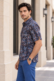 Brown Half Sleeve Jahota Print Cotton Mens Shirt 10077849