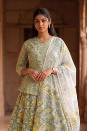 Green Hand Block Printed Cotton Chaniya Choli With Kota Doria Dupatta 10066330