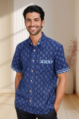 Indigo Handblock Print Pre-Washed Pure Cotton Shirt 10074409