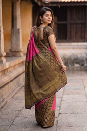 Hot Pink Pure Zari Korvai Kanjivaram Silk Saree 10058734