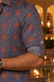 Blue Ajrakh Printed Vegan Modal Silk Mens Shirt 10078095