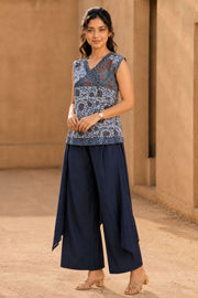 Rustic Blue Hand Embroidered Cotton Top & Pant Set 10077651