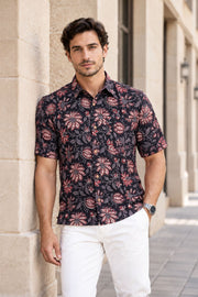 Black Half Sleeve Jahota Printed Cotton Mens Shirt 10074311