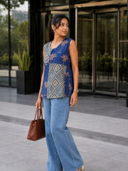 Blue Handblock Printed Women Sleevless Shirt 10077196