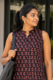 Black Jahota Hand block Printed Women Sleevless Shirt 10077194
