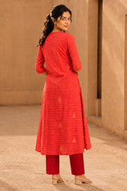 Reddish Orange Hand Embroidered Cotton Kurta 10077664