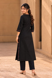 Black Hand Embroidered Cotton Kurta 10077679