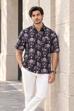 Black Half Sleeve Jahota Printed Cotton Mens Shirt 10074327