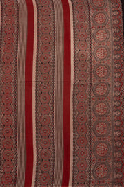 Wood Brown Ajrakh Printed Mulmul Cotton Saree With Floral Motifs and Geometric Border 10076520