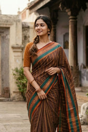 Mocha Brown Handloom Kanchi Cotton Saree with Stripes And Peacock Border 10076458