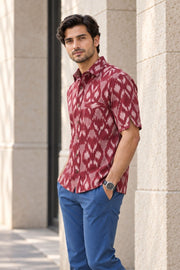 Dark Marroon Half Sleeve Handloom Ikat Cotton Men's Shirt 10077854
