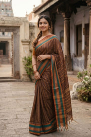 Mocha Brown Handloom Kanchi Cotton Saree with Stripes And Peacock Border 10076458