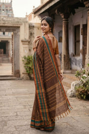 Mocha Brown Handloom Kanchi Cotton Saree with Stripes And Peacock Border 10076458