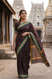 Dark Raisin Brown Handloom Chettinad Cotton Saree  Brown With Checks Design 10075856
