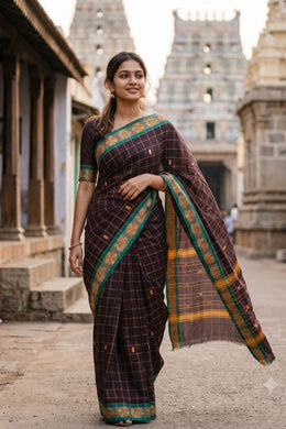 Dark Raisin Brown Handloom Chettinad Cotton Saree  Brown With Checks Design 10075856