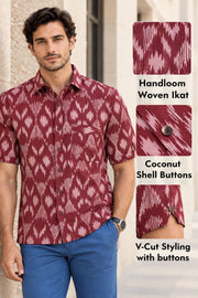 Dark Marroon Half Sleeve Handloom Ikat Cotton Men's Shirt 10077854