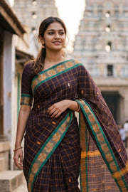 Dark Raisin Brown Handloom Chettinad Cotton Saree  Brown With Checks Design 10075856