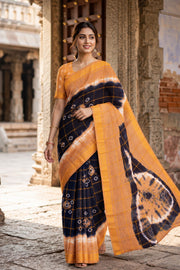 Navy Blue and Orange Sungudi Cotton Saree 10078025