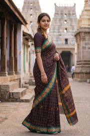 Dark Raisin Brown Handloom Chettinad Cotton Saree  Brown With Checks Design 10075856