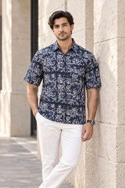 Blue Half Sleeve Jahota Print Cotton Mens Shirt 10077850
