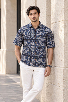 Blue Half Sleeve Jahota Print Cotton Mens Shirt 10077850