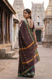 Dark Raisin Brown Handloom Chettinad Cotton Saree  Brown With Checks Design 10075856