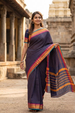 Navy Blue Handloom Chettinad Cotton Saree 10077301