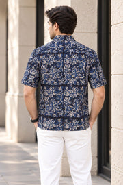Blue Half Sleeve Jahota Print Cotton Mens Shirt 10077850