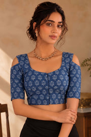 Blue Indigo Hand Block Printed Cotton Blouse 10078124