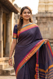 Navy Blue Handloom Chettinad Cotton Saree 10077301