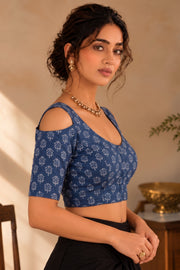 Blue Indigo Hand Block Printed Cotton Blouse 10078124