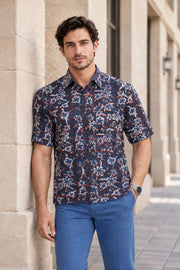 Brown Half Sleeve Jahota Print Cotton Mens Shirt 10077849