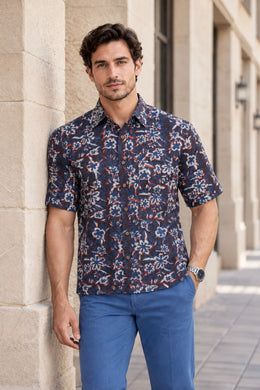 Brown Half Sleeve Jahota Print Cotton Mens Shirt 10077849