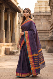 Navy Blue Handloom Chettinad Cotton Saree 10077301