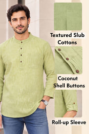Pista Green Full Sleeve Slub Cotton Shirt Length Men's Kurta 10077841