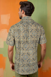 Green Half Sleeve Ajrakh Printed Cotton Mens Shirt 10071093