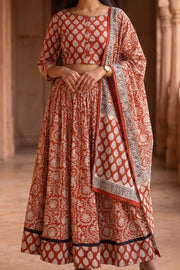 Red Hand Block Printed Chaniya Choli With Kota Doria Dupatta 10066333