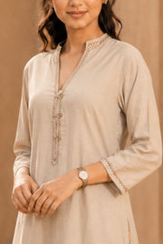 Beige Hand Embroidered Cotton Kurta 10077658