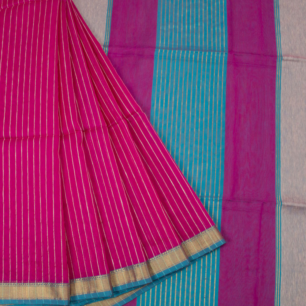 Dark Fuschia Pink Handwoven Maheshwari Silk Cotton Saree 10062611