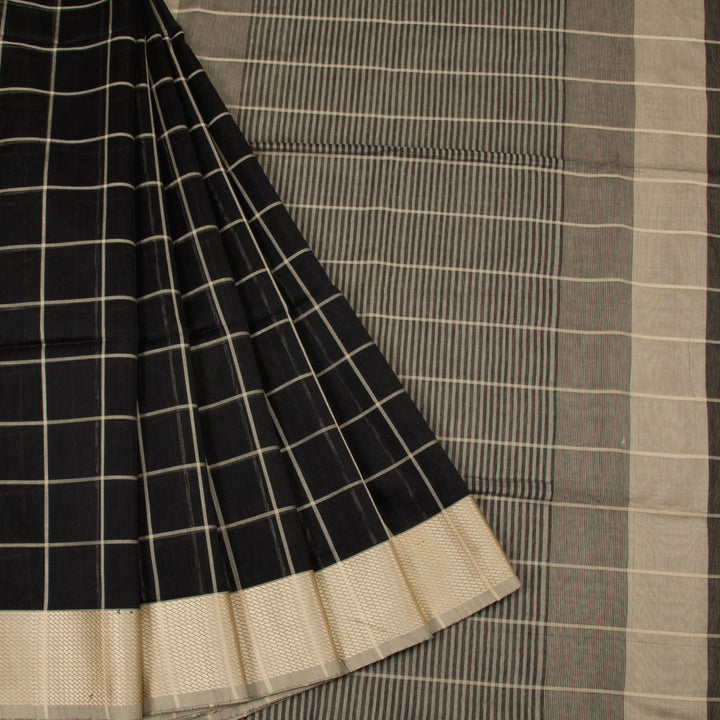 Black Handloom Maheswari Silk Cotton Saree 10062631