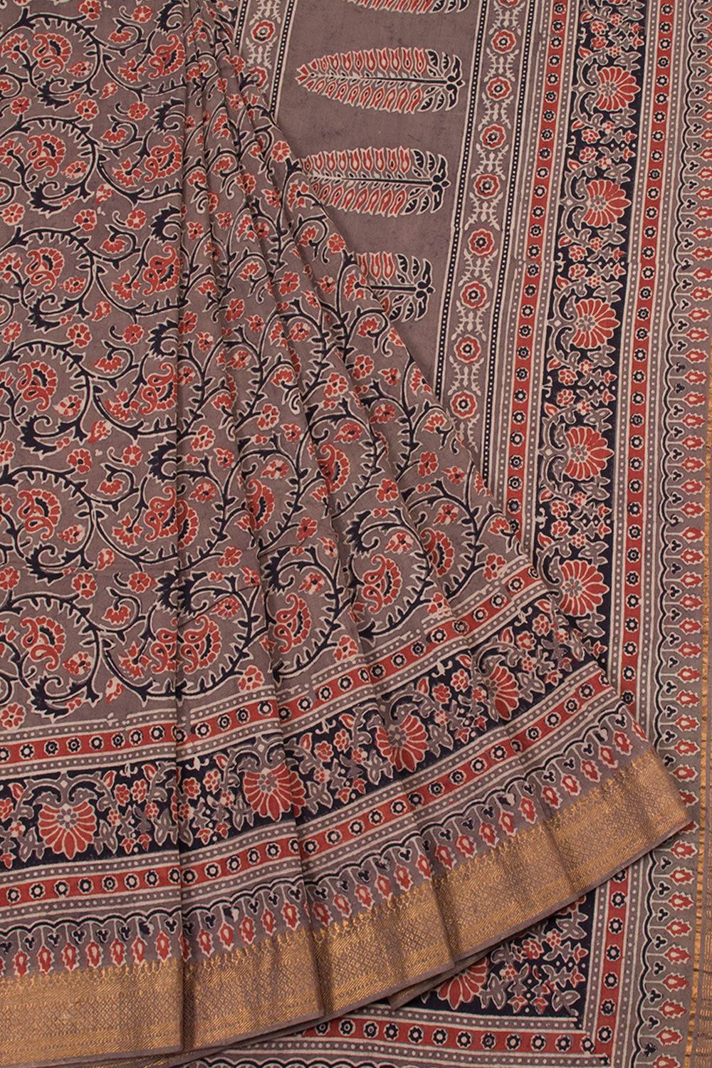 Pine Cone Brown Ajrakh Printed Mangalgiri Cotton Saree 10062887