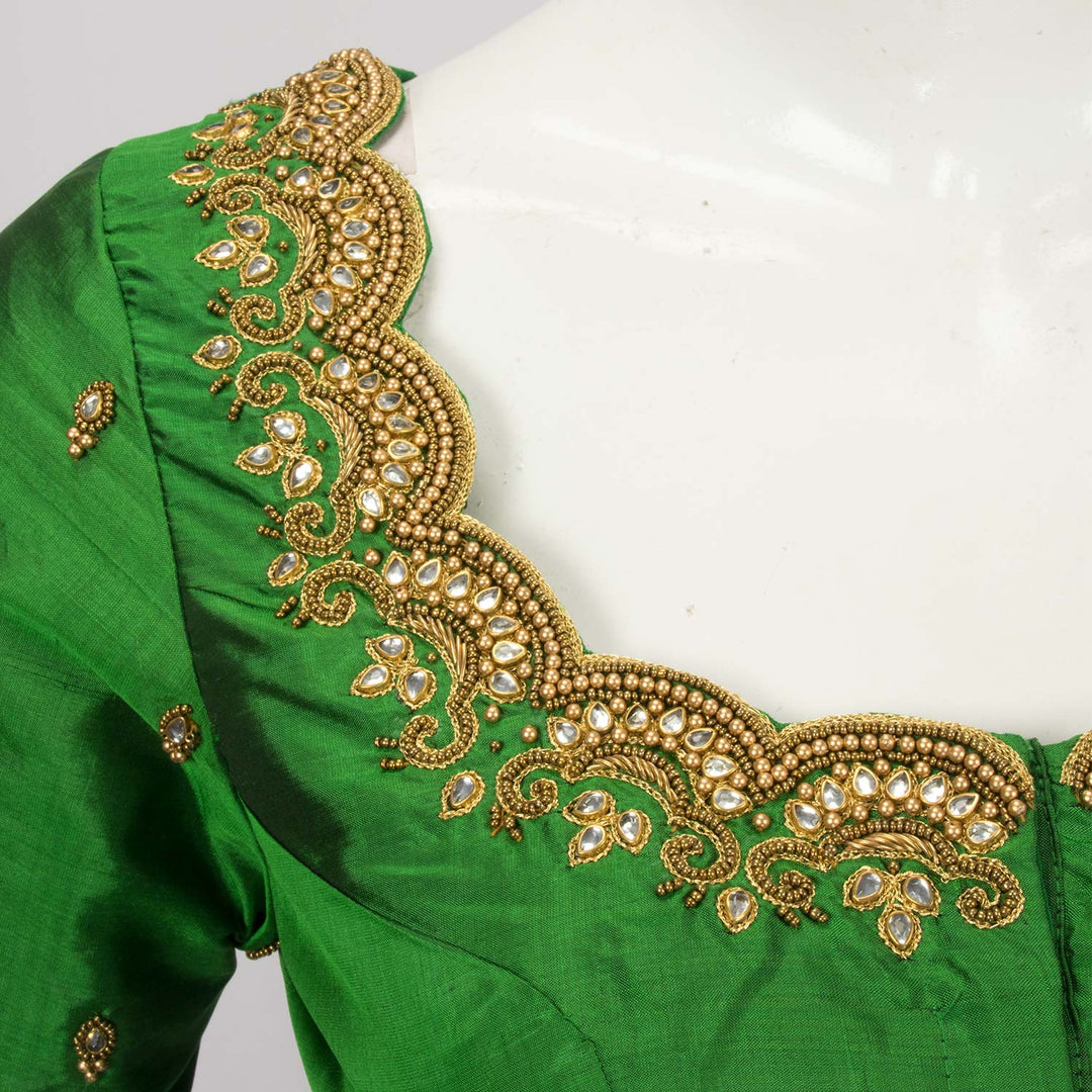 Dark Green Aari Embroidered Raw Silk Blouse - Avishya
