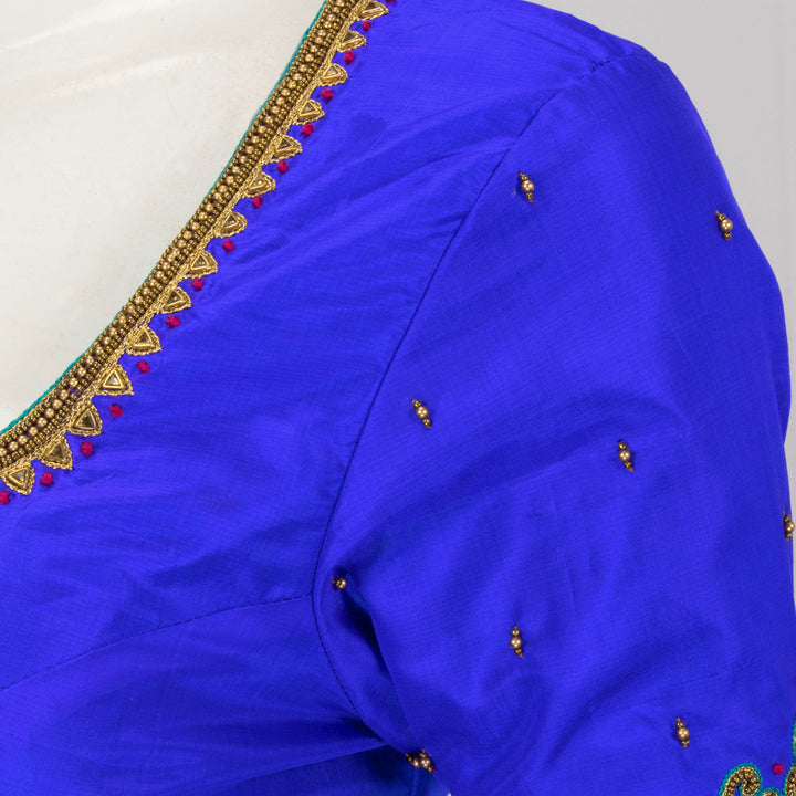 Ink Blue Aari Embroidered Raw Silk Blouse  - Avishya
