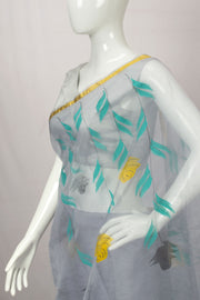 Grey Hand Painted Organza Saree - Avishya